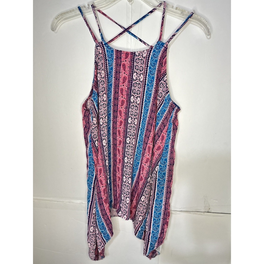 Pink Rose Women's Boho Paisley Stripe Handkerchief Hem Tank Top L coquette - Picture 5 of 8